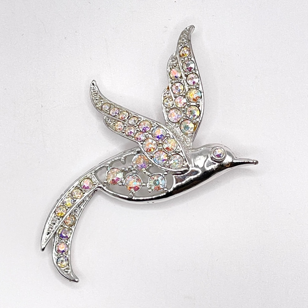 Sarah Coventry Signed Vintage Bird of Paradise Silver Tone Rhinestone Pin Brooch
